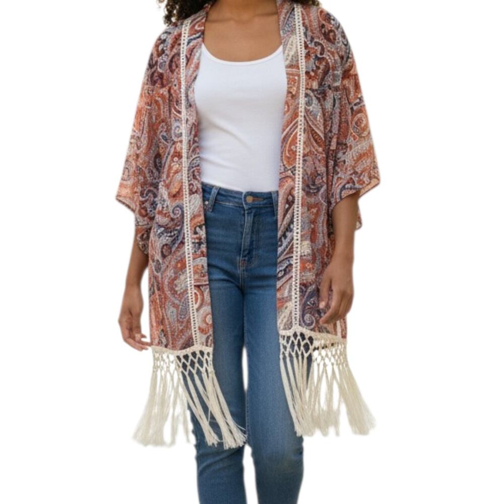 Miss Me Boho Style Paisley Print Open Front Cardigan Fringe Hem Festival Small - Picture 1 of 14